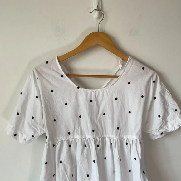 Zara Polka Dot Poplin Embroidered Tie Back  Babydoll Dress White Black Sz Small - Picture 5 of 10